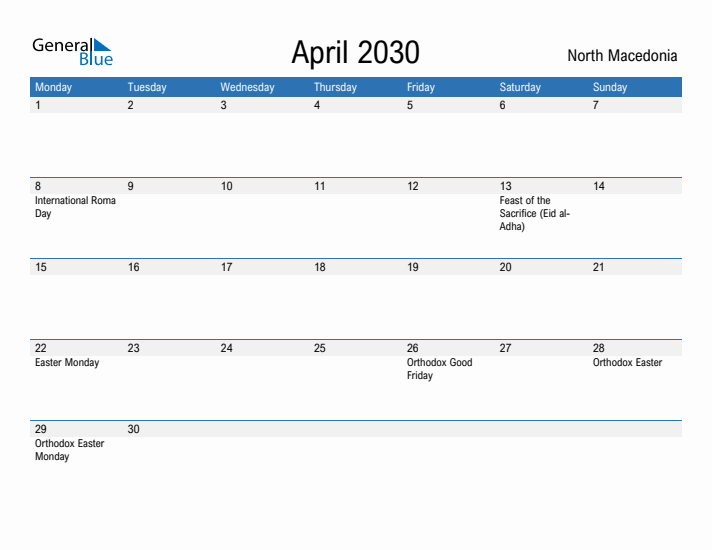 Fillable April 2030 Calendar