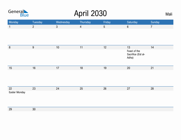 Fillable April 2030 Calendar