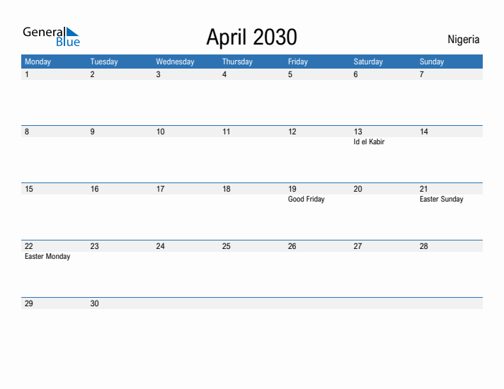 Fillable April 2030 Calendar