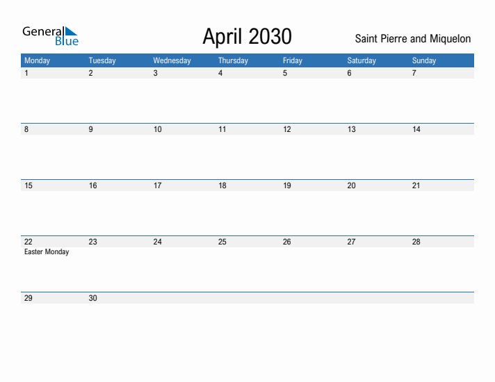 Fillable April 2030 Calendar