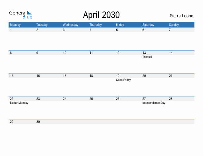 Fillable April 2030 Calendar