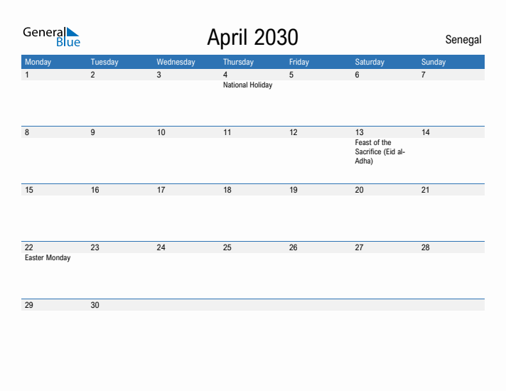 Fillable April 2030 Calendar