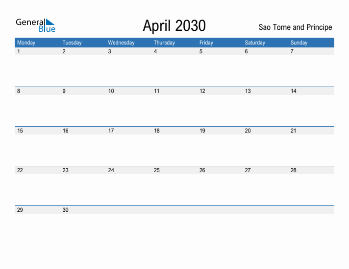 Fillable April 2030 Calendar