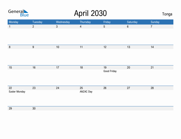 Fillable April 2030 Calendar