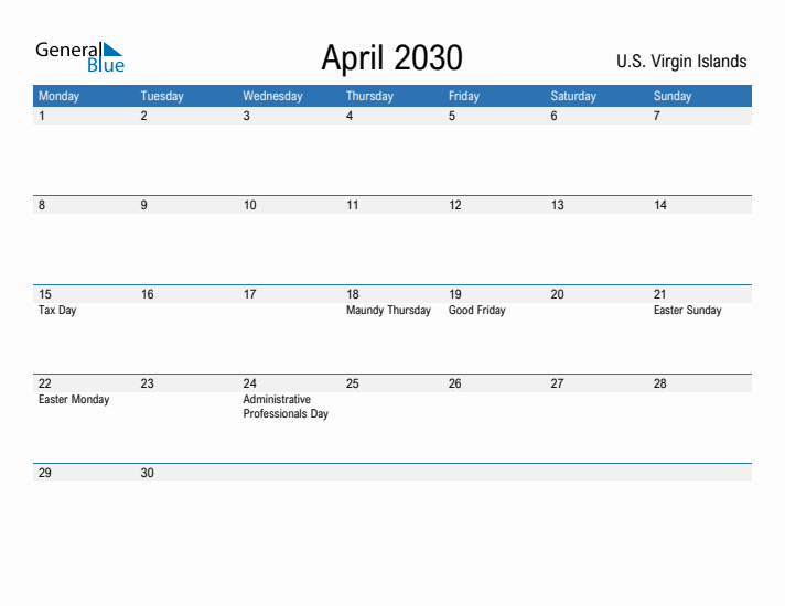 Fillable April 2030 Calendar