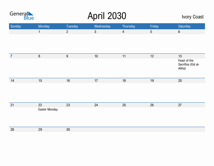 Fillable April 2030 Calendar