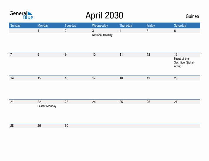 Fillable April 2030 Calendar