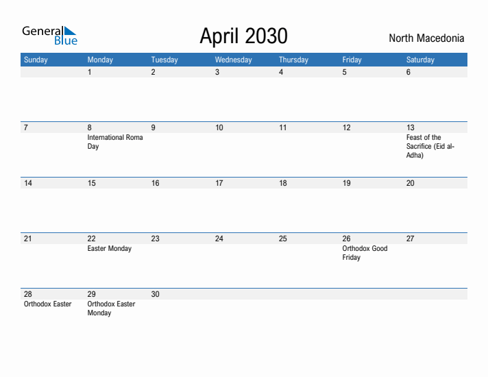 Fillable April 2030 Calendar
