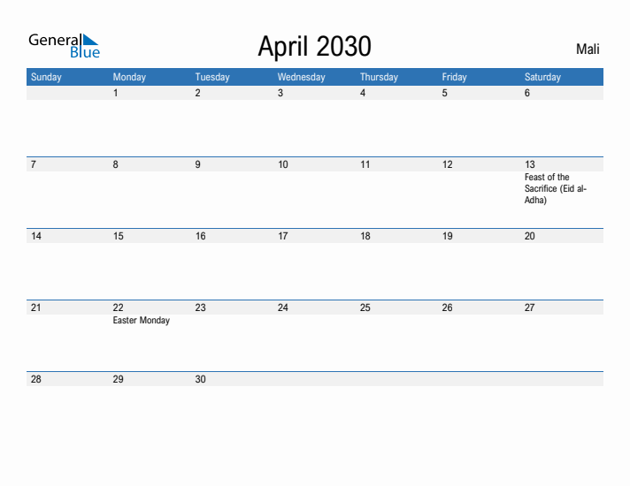 Fillable April 2030 Calendar
