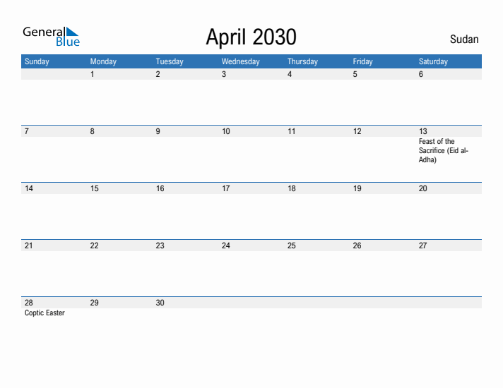 Fillable April 2030 Calendar