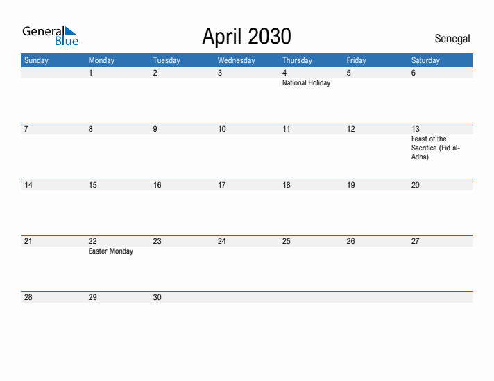 Fillable April 2030 Calendar