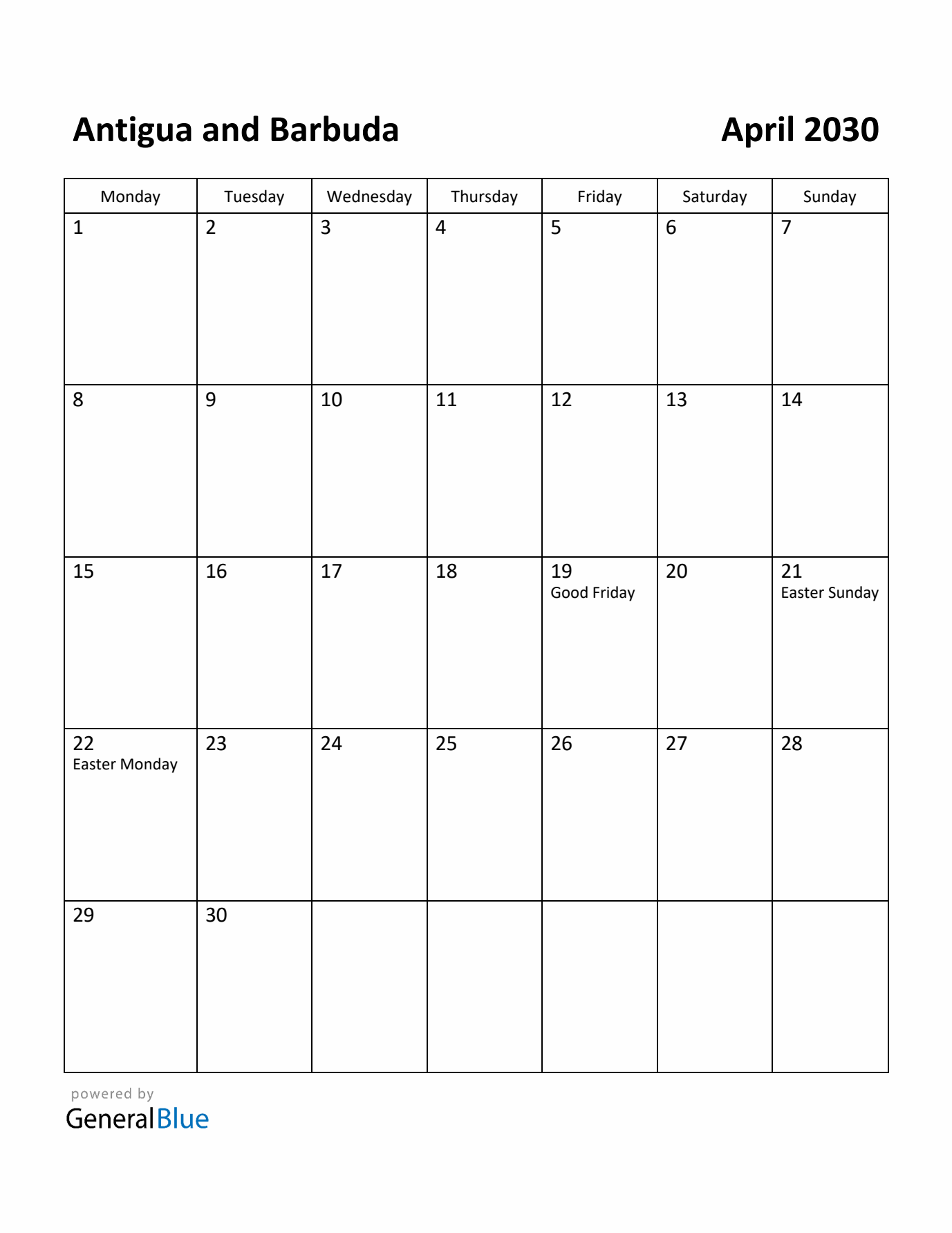 April 2030 Calendar with Antigua and Barbuda Holidays