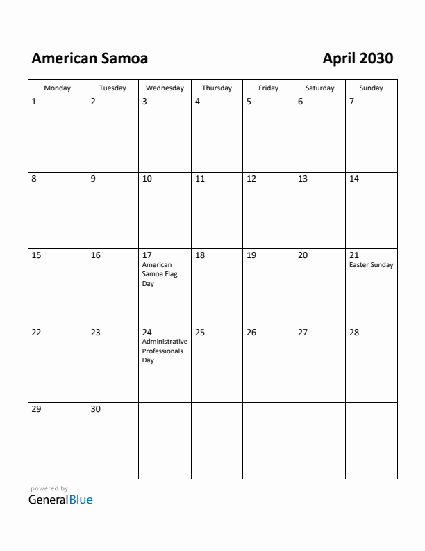April 2030 Calendar with American Samoa Holidays