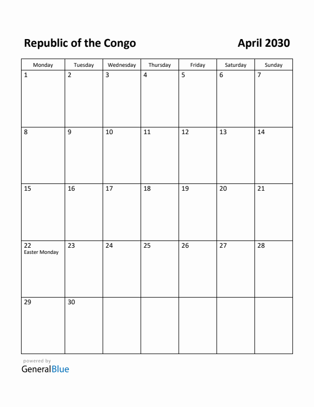 April 2030 Calendar with Republic of the Congo Holidays
