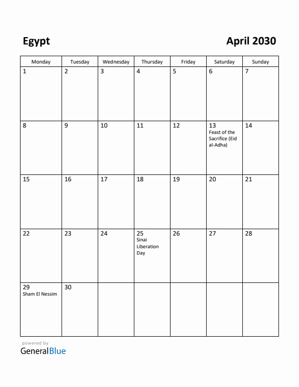 April 2030 Calendar with Egypt Holidays