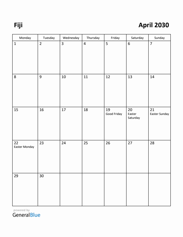 April 2030 Calendar with Fiji Holidays