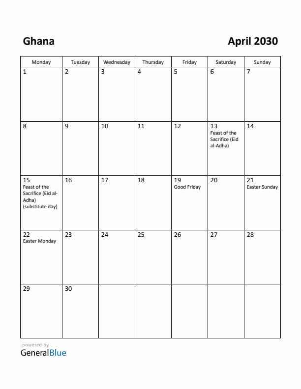 April 2030 Calendar with Ghana Holidays