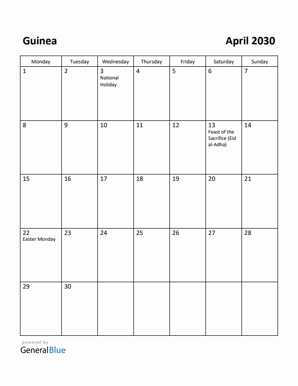 April 2030 Calendar with Guinea Holidays