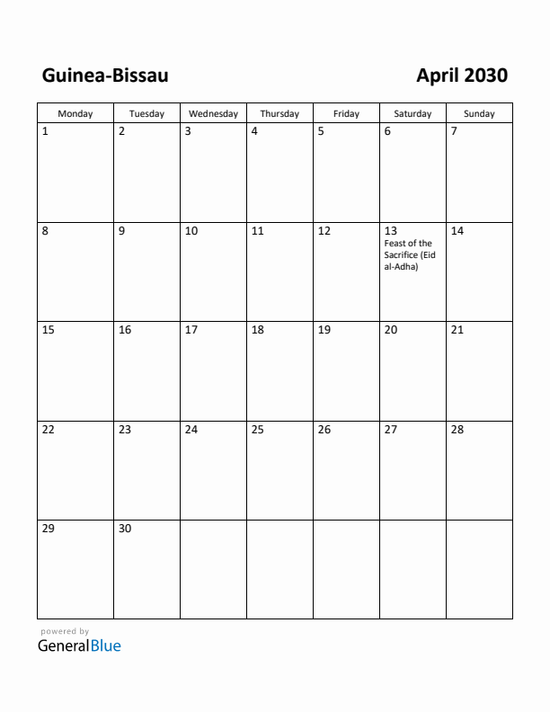 April 2030 Calendar with Guinea-Bissau Holidays
