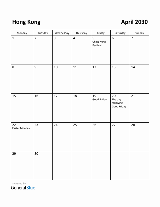 April 2030 Calendar with Hong Kong Holidays