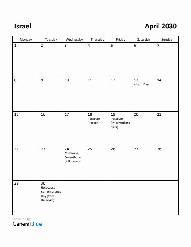 April 2030 Calendar with Israel Holidays