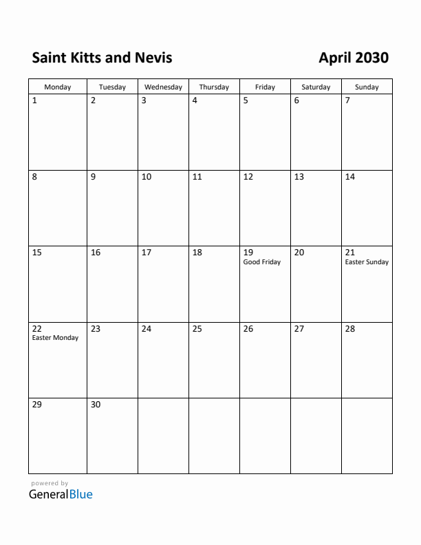 April 2030 Calendar with Saint Kitts and Nevis Holidays