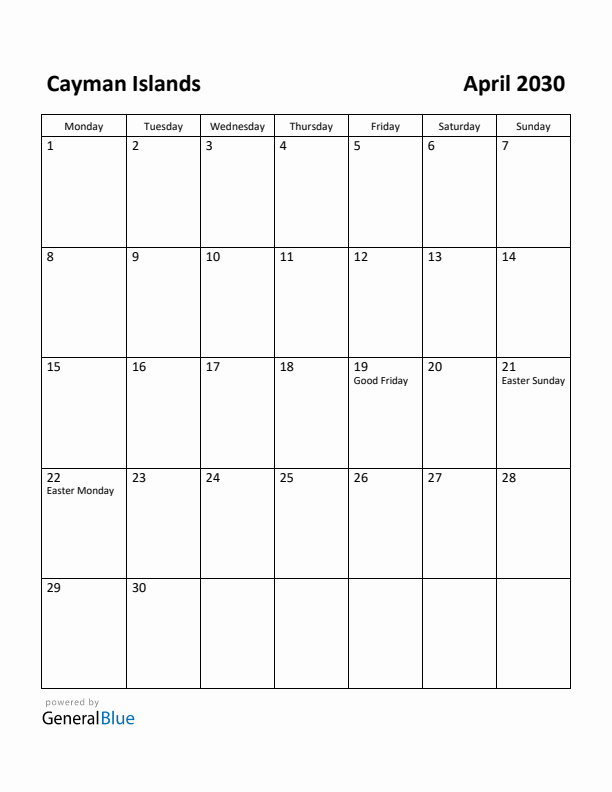 April 2030 Calendar with Cayman Islands Holidays