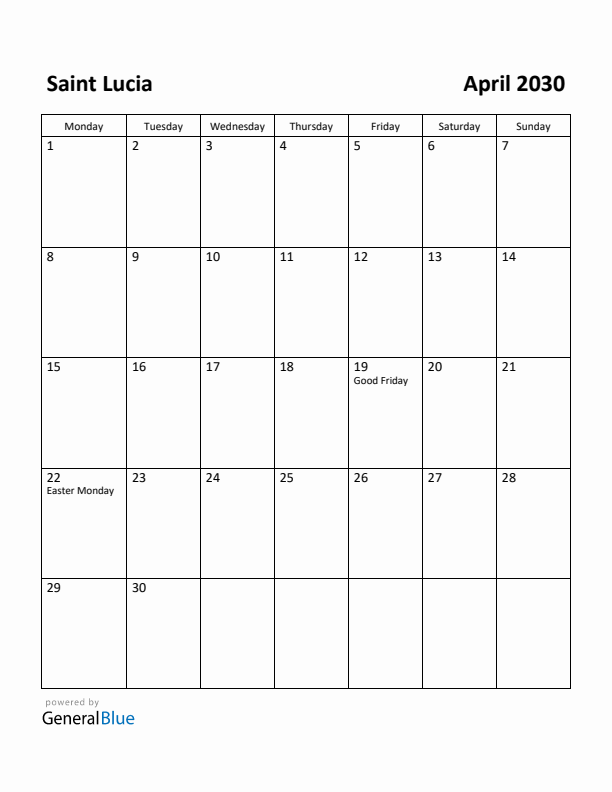 April 2030 Calendar with Saint Lucia Holidays