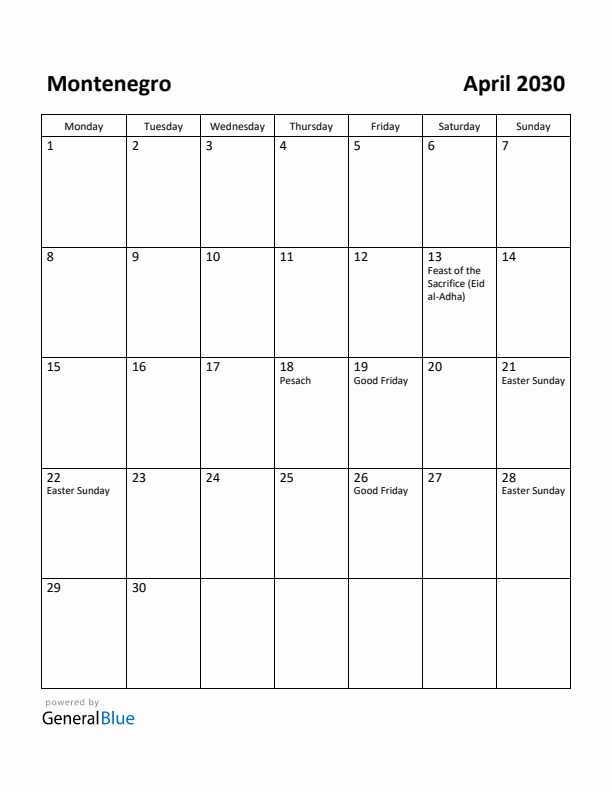 April 2030 Calendar with Montenegro Holidays