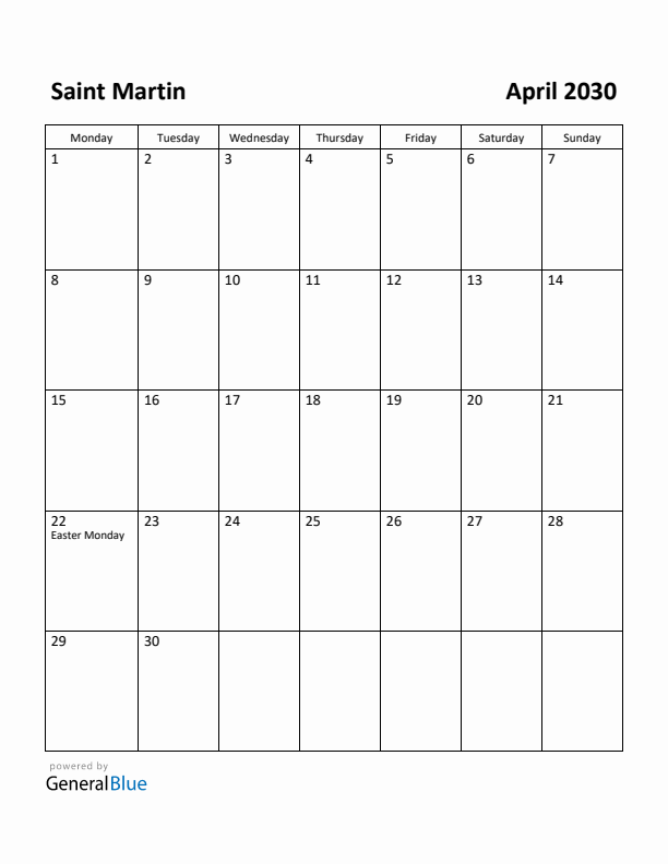 April 2030 Calendar with Saint Martin Holidays