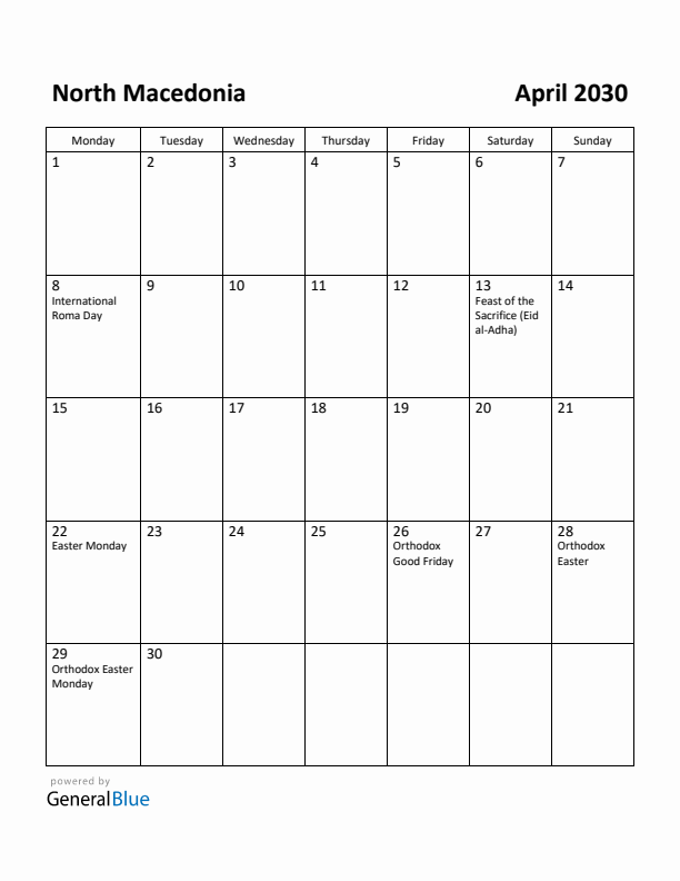 April 2030 Calendar with North Macedonia Holidays