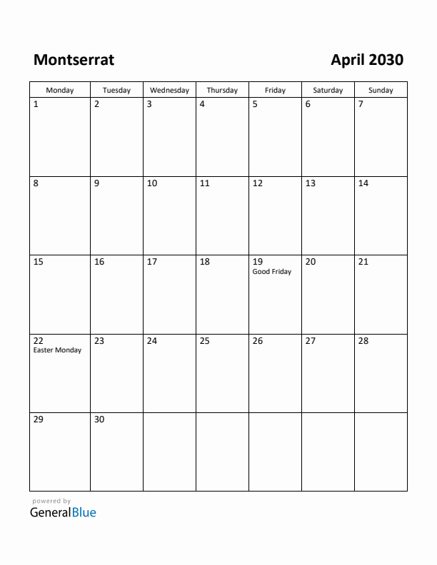 April 2030 Calendar with Montserrat Holidays