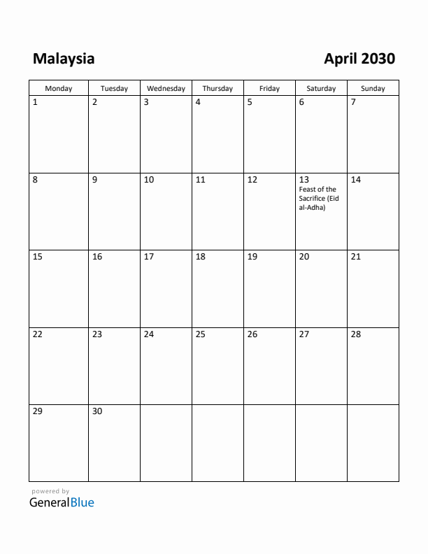 April 2030 Calendar with Malaysia Holidays