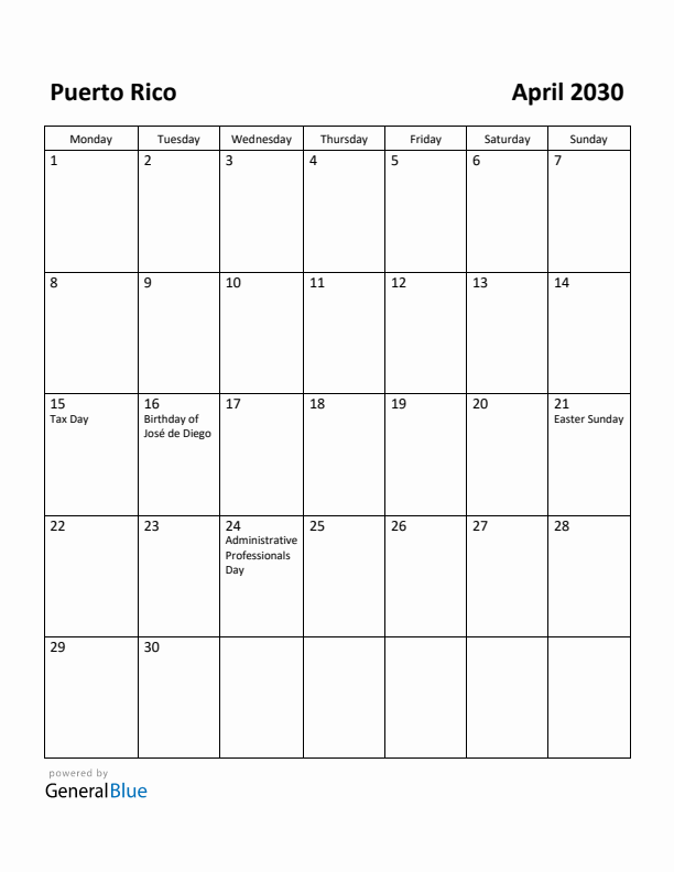 April 2030 Calendar with Puerto Rico Holidays