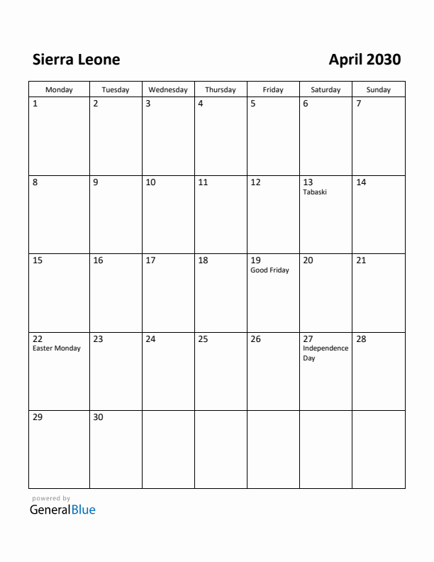 April 2030 Calendar with Sierra Leone Holidays