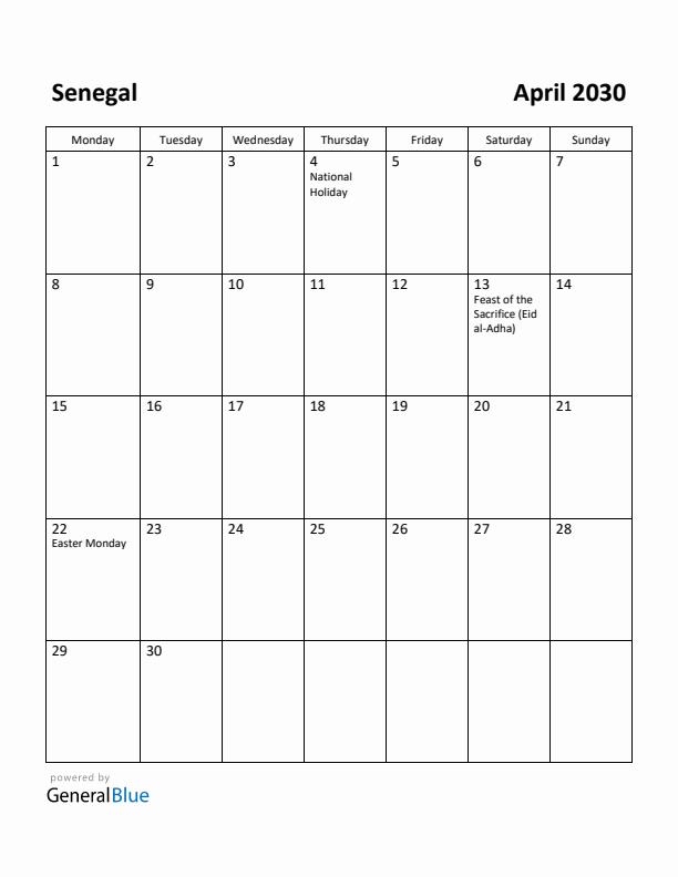 April 2030 Calendar with Senegal Holidays