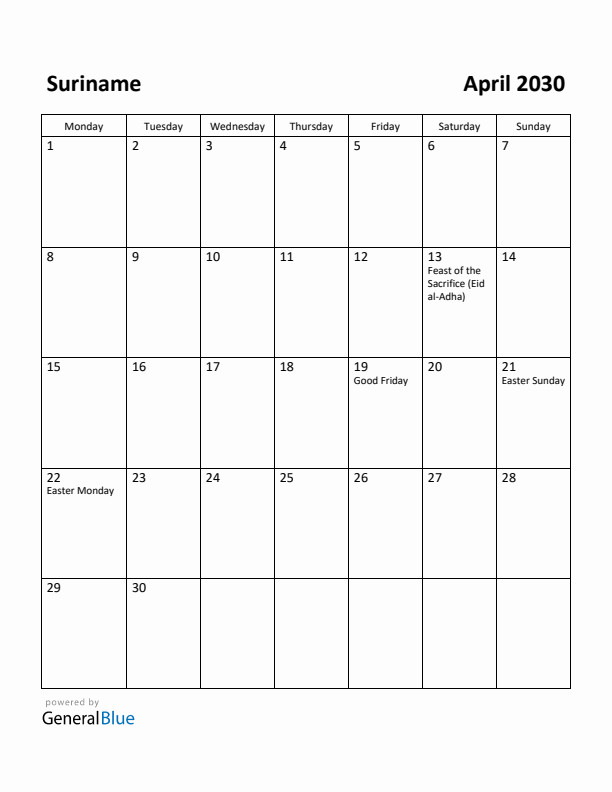 April 2030 Calendar with Suriname Holidays