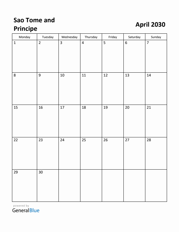 April 2030 Calendar with Sao Tome and Principe Holidays