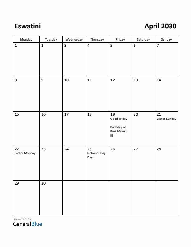 April 2030 Calendar with Eswatini Holidays
