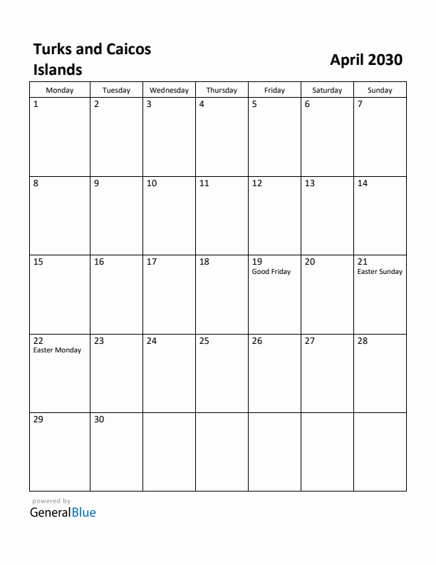 April 2030 Calendar with Turks and Caicos Islands Holidays