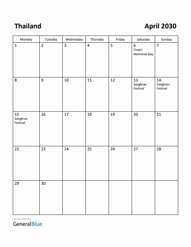 April 2030 Calendar with Thailand Holidays