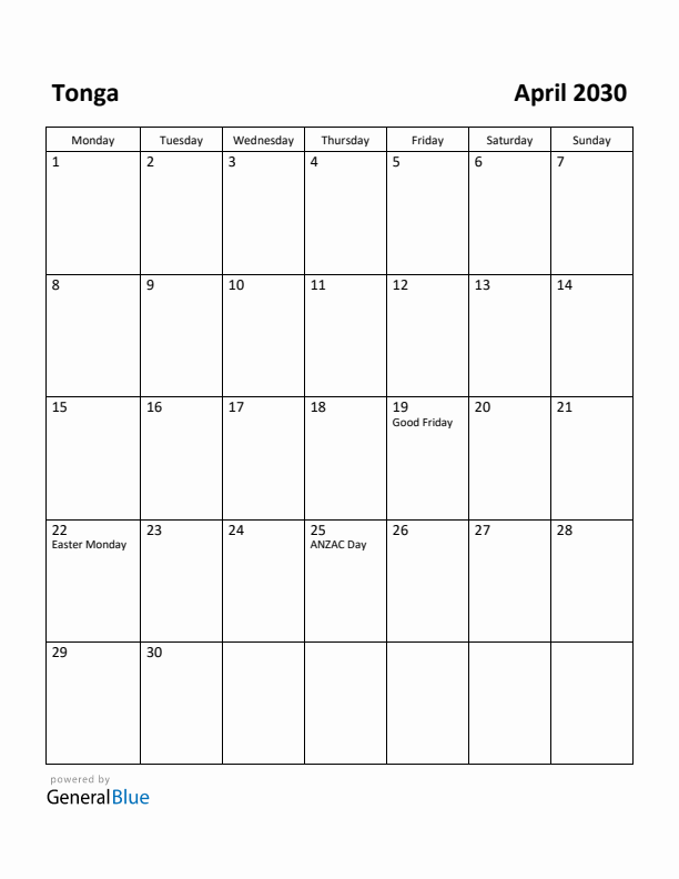 April 2030 Calendar with Tonga Holidays