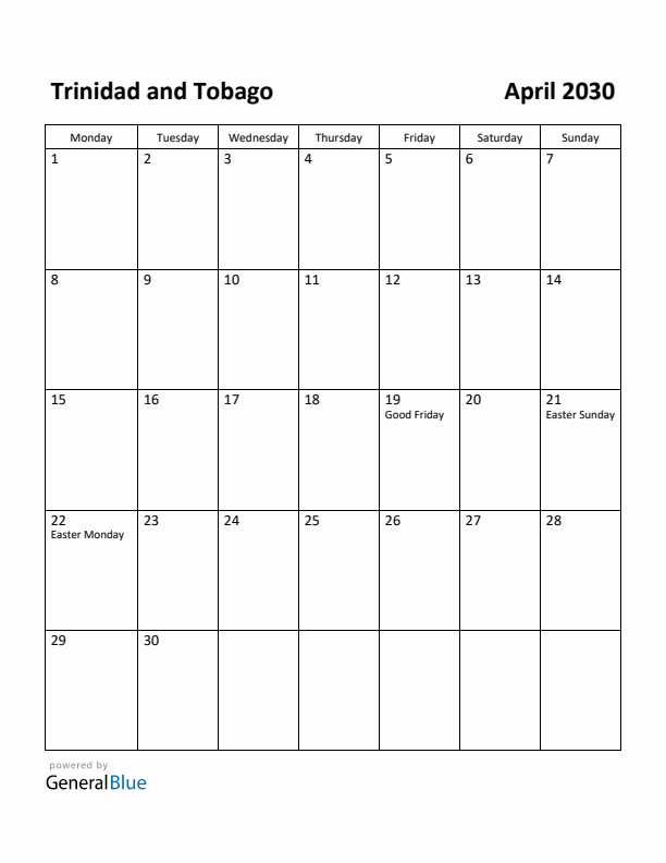 April 2030 Calendar with Trinidad and Tobago Holidays
