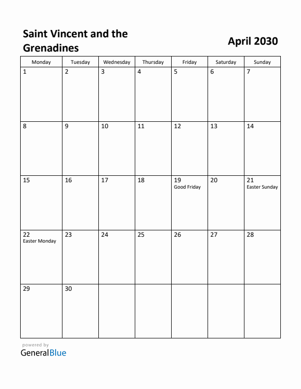 April 2030 Calendar with Saint Vincent and the Grenadines Holidays