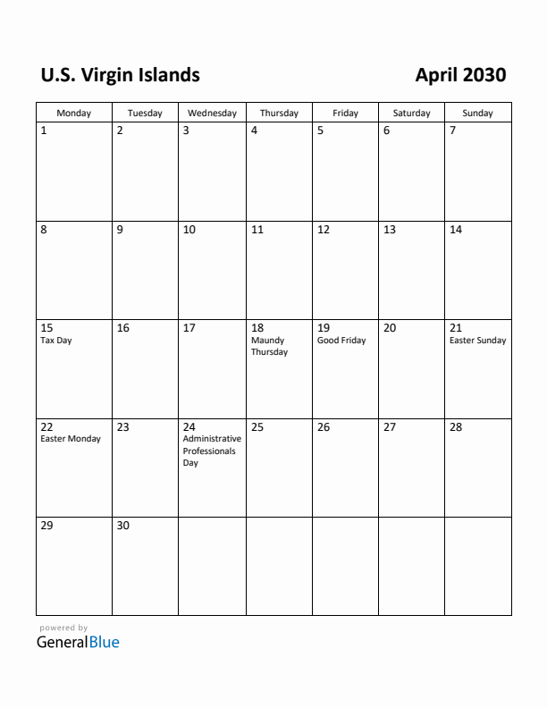 April 2030 Calendar with U.S. Virgin Islands Holidays