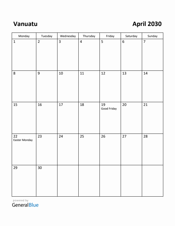 April 2030 Calendar with Vanuatu Holidays
