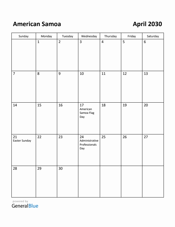 April 2030 Calendar with American Samoa Holidays