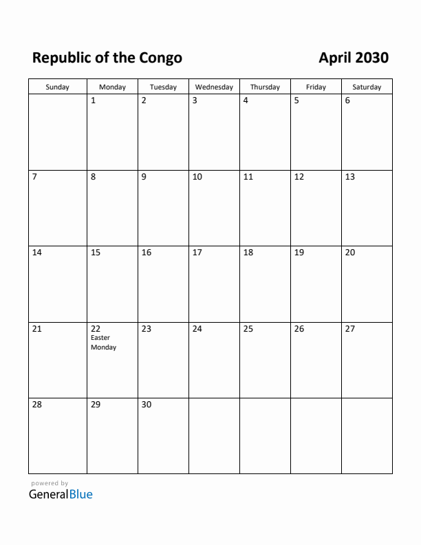 April 2030 Calendar with Republic of the Congo Holidays