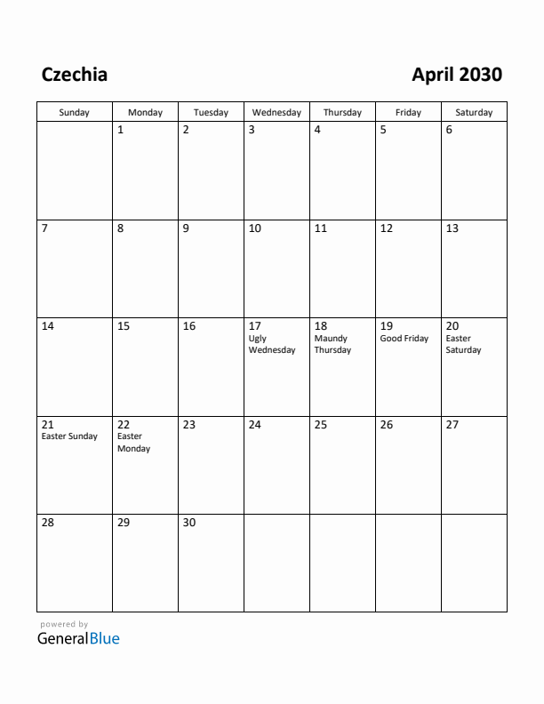 April 2030 Calendar with Czechia Holidays