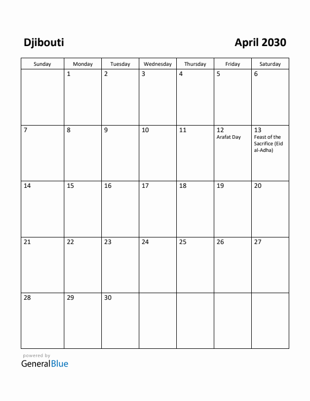 April 2030 Calendar with Djibouti Holidays